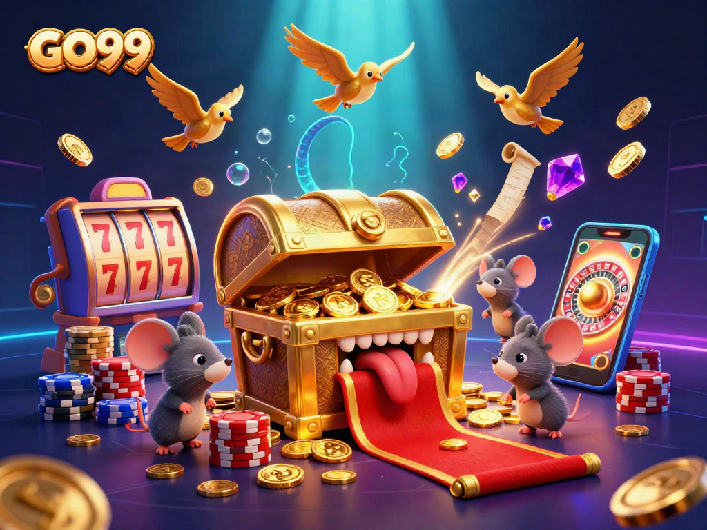 Spin the reels with GO99's thrilling casino experience featuring gold coins and vibrant poker chips.