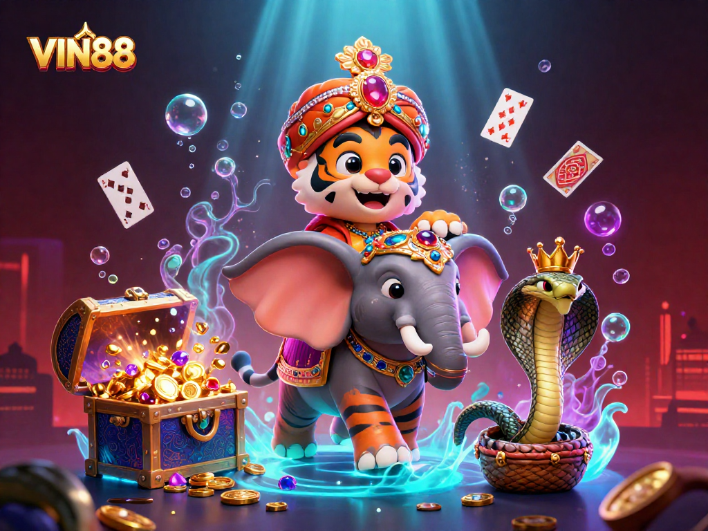 Experience the vibrant energy of VIN88 casino with a dynamic maharaja scene featuring game elements.