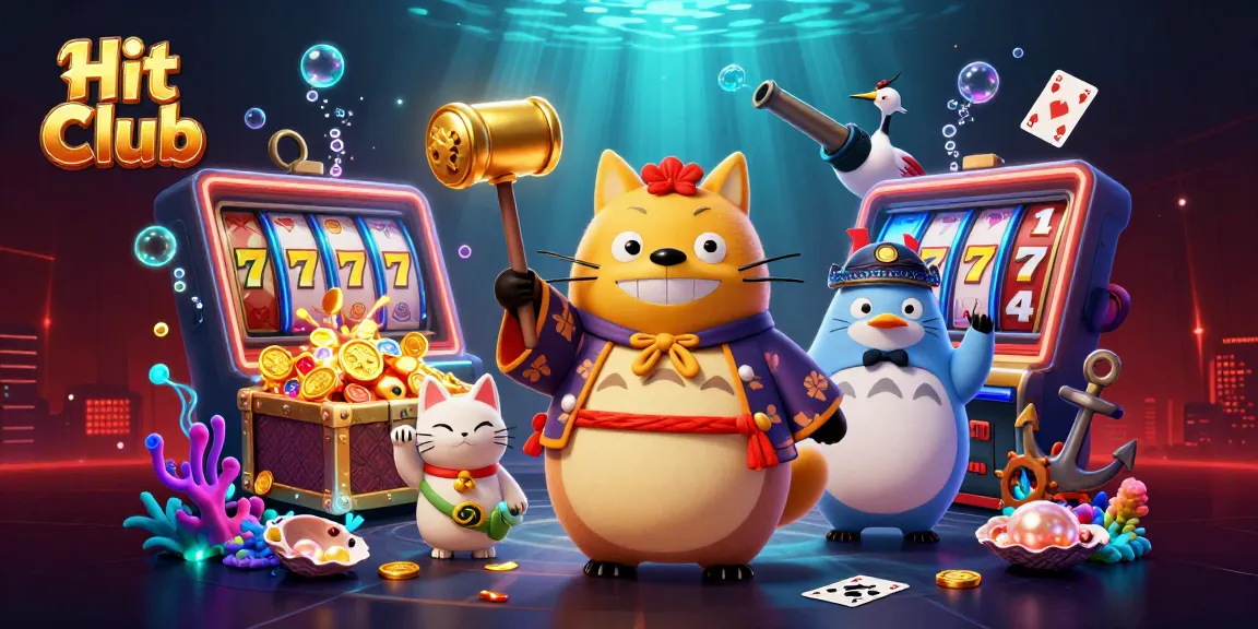 Hit Club casino scene featuring a cheerful tanuki, lucky 7s, and vibrant slot reels exploding with coins.