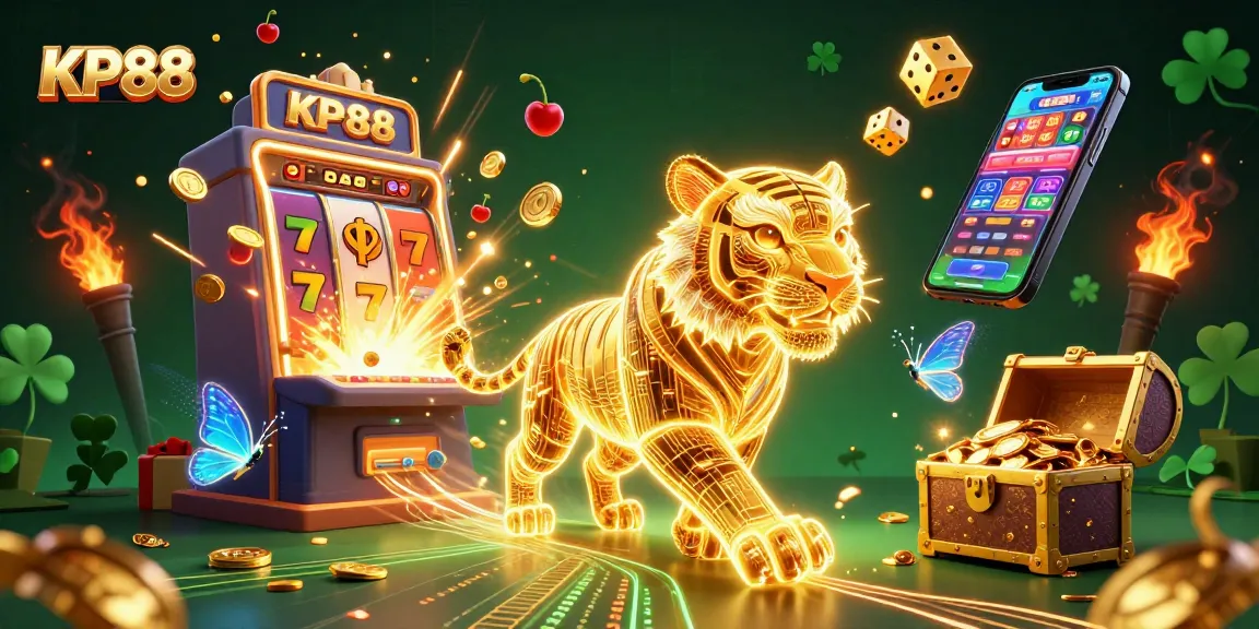 Experience the thrilling excitement of KP88 with captivating casino scenes featuring jackpots and glowing games.