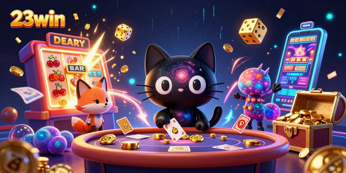 Engage with the vibrant cosmic casino scene showcasing 23win's unique gaming elements and characters.