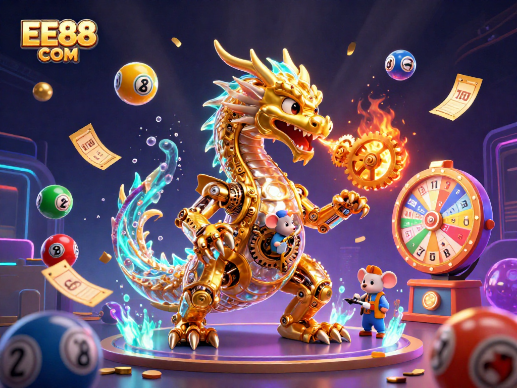 Engage with exciting gameplay at EE88 COM featuring animated lottery balls and golden dragon.