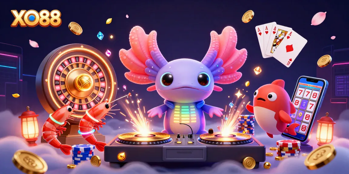 Experience the vibrant gaming world of XO88 with an engaging scene featuring celebratory characters and dynamic casino elements.
