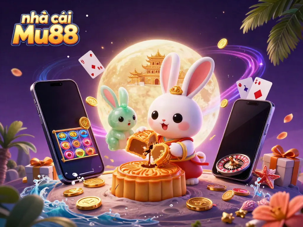 Engage with Nhà cái Mu88 by discovering vibrant 3D illustrations of moon rabbits and casino games.