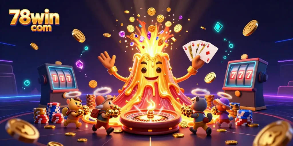 Engage with thrilling treasure escapes at 78win com featuring golden volcanoes and vibrant casino elements.