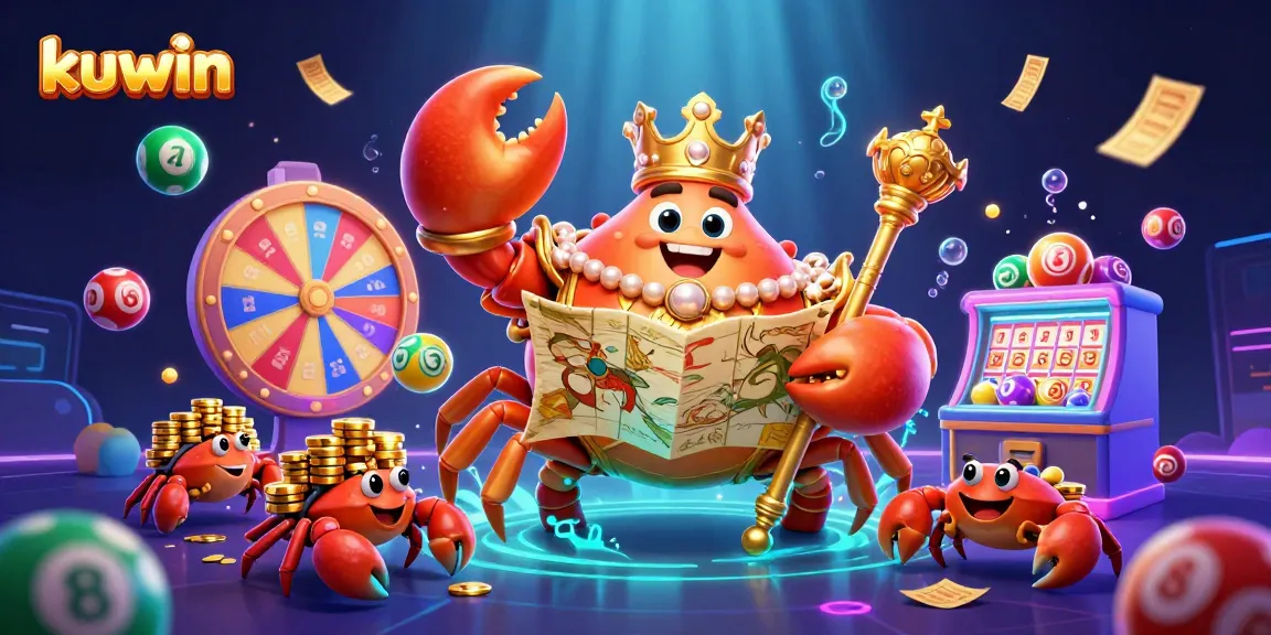 Kuwin's dynamic casino scene featuring a golden crab emperor with lottery elements, creating an immersive gaming atmosphere.