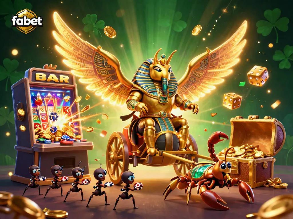 Experience thrilling excitement with fabet's 3D casino adventure featuring a golden scarab and jackpot elements.