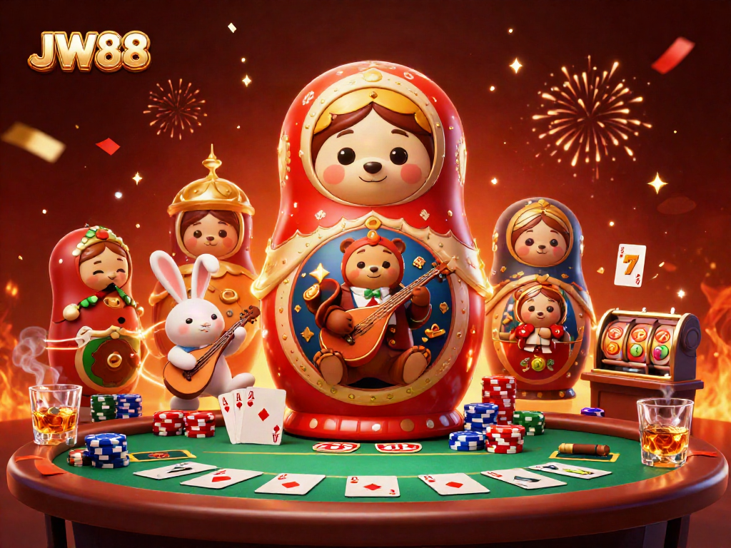 Play JW88 with vibrant 3D casino characters and rich game elements in an energetic scene.