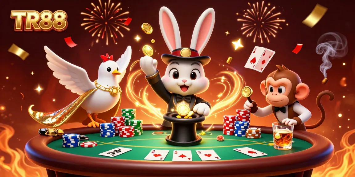 Engage in the magic of TR88 as a charming rabbit shares golden coins, surrounded by poker excitement.