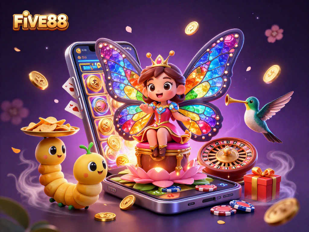 Experience the vibrant gaming universe of FIVE88 with the butterfly queen and dynamic casino elements.