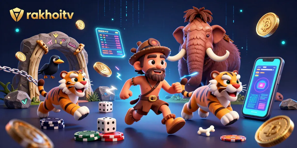 Experience exciting gameplay at rakhoitv with a vibrant prehistoric casino scene featuring cartoon characters and cryptocurrency elements.