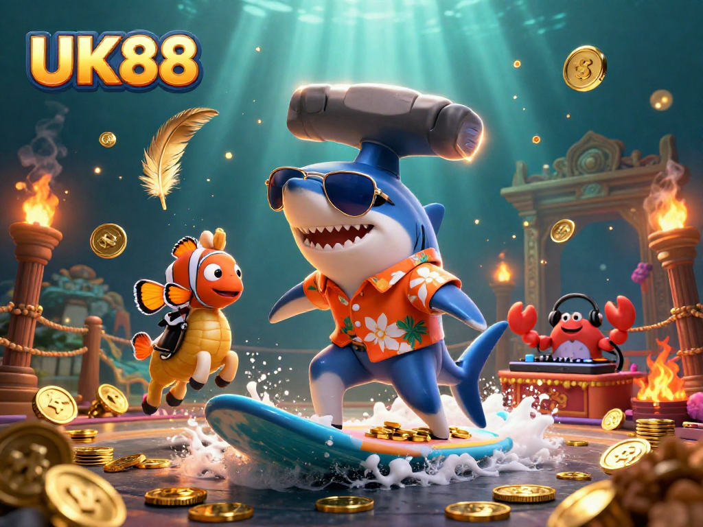 Experience the thrilling casino gaming scene at UK88 with colorful characters and gold coins!