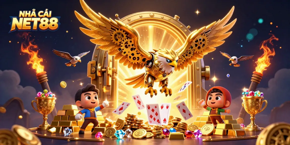 Win big with NHÀ CÁI NET88 as the cybernetic eagle dives through casino-themed holographic cards.