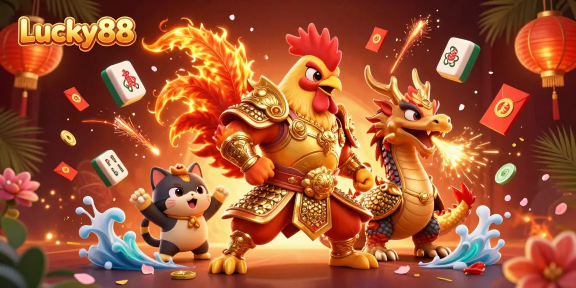Engage in thrilling action with Lucky88's vibrant gaming scene featuring a rooster warrior and dragon hatchling.