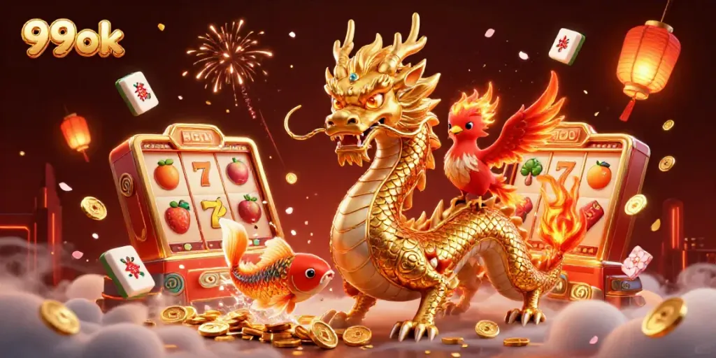 Experience winning moments with the vibrant 99ok casino scene featuring a dragon and phoenix.