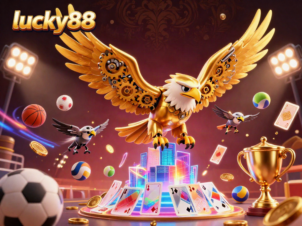 Experience thrilling excitement with lucky88 in this dynamic casino scene featuring a golden eagle and sports elements.