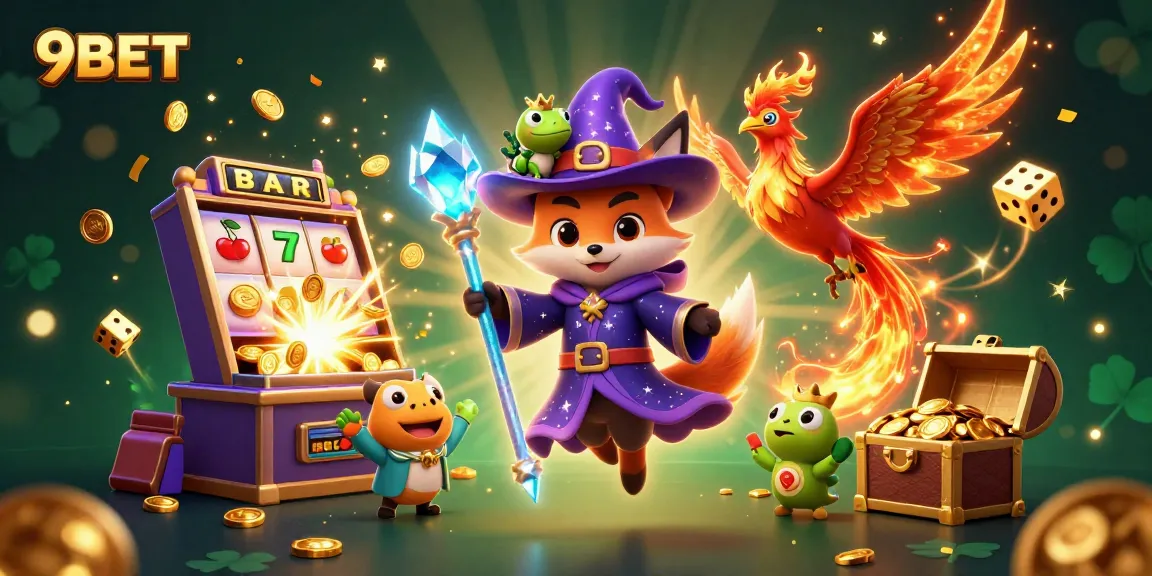 Experience thrilling gaming with 9BET's vivid 3D illustration showcasing magical casino action.