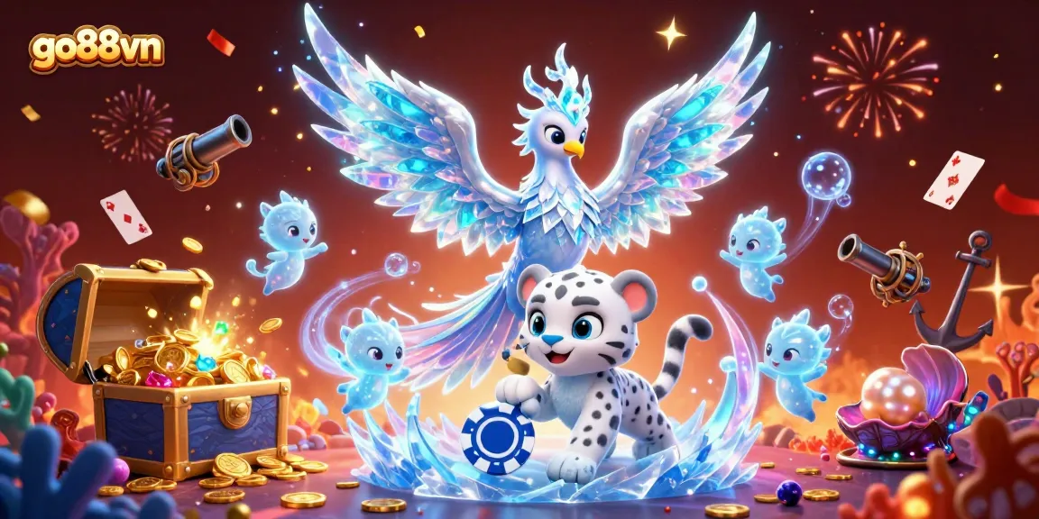 Join the excitement at go88vn with a dazzling casino scene featuring a magical phoenix and gold treasures.