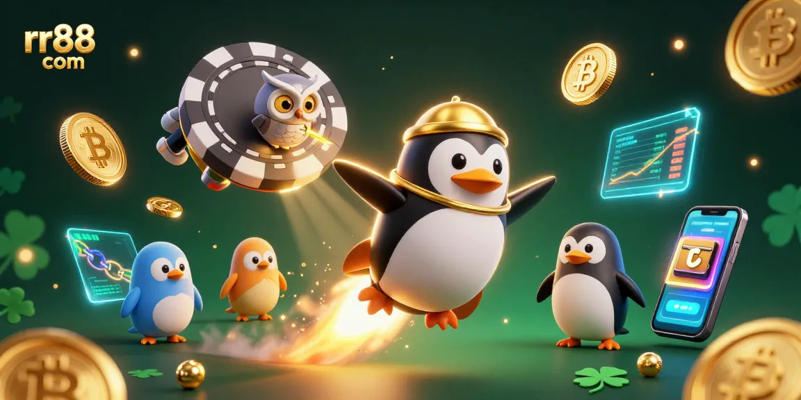 Experience thrilling action with rr88 com as soaring golden penguins and crypto rewards come alive in a vibrant casino scene.