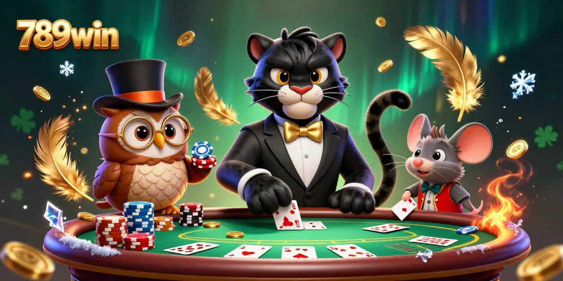 A stylish scene with 789win characters enjoying poker chips amidst a vibrant casino ambiance.