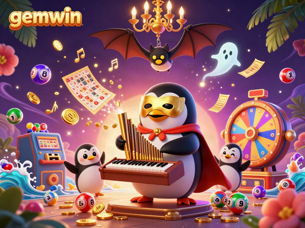 Gemwin penguin playing a coin-shooting organ amidst a vibrant casino scene.