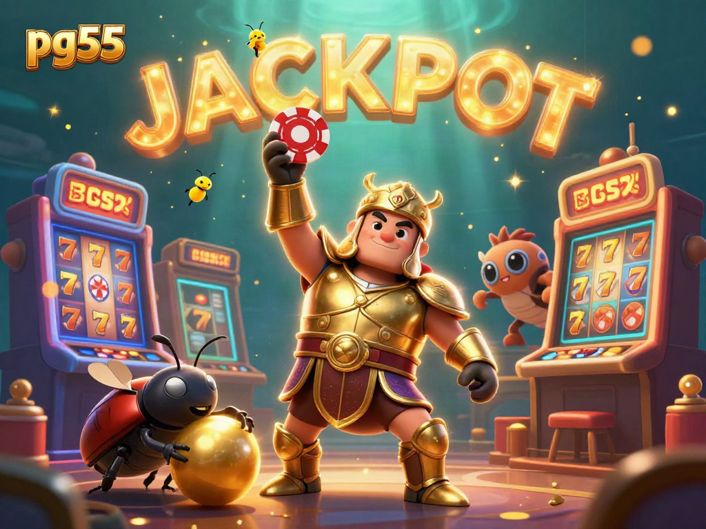Engage with pg55's thrilling casino vibes featuring a victorious beetle and vibrant slot machines.