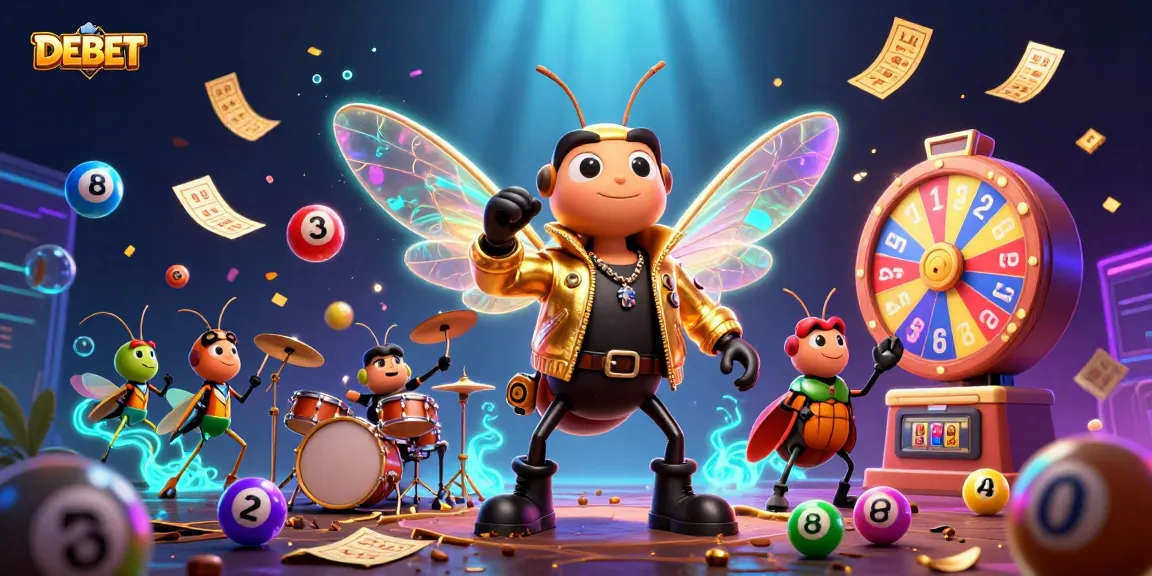 Experience vibrant DEBET gaming action with a cicada rock star and dynamic lottery elements in a colorful casino scene.