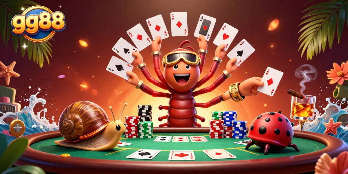 Experience the excitement of gg88 with a colorful 3D casino scene featuring a millipede dealer and vibrant poker elements.