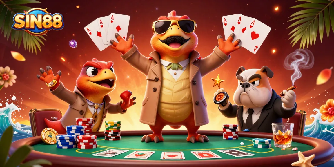SIN88: Three humorous raptors in a trench coat entering a casino lounge with vibrant poker elements and a suspicious bulldog bouncer.