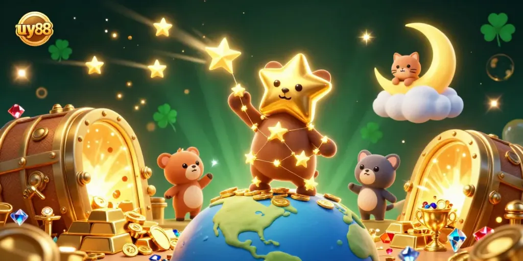 Experience thrilling wins with uy88's vibrant casino scene featuring a constellation bear and treasures.