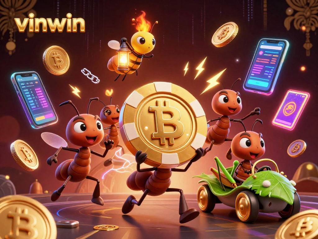 Win big with vinwin's 3D cartoon heist featuring ants, Bitcoin coins, and glowing elements!