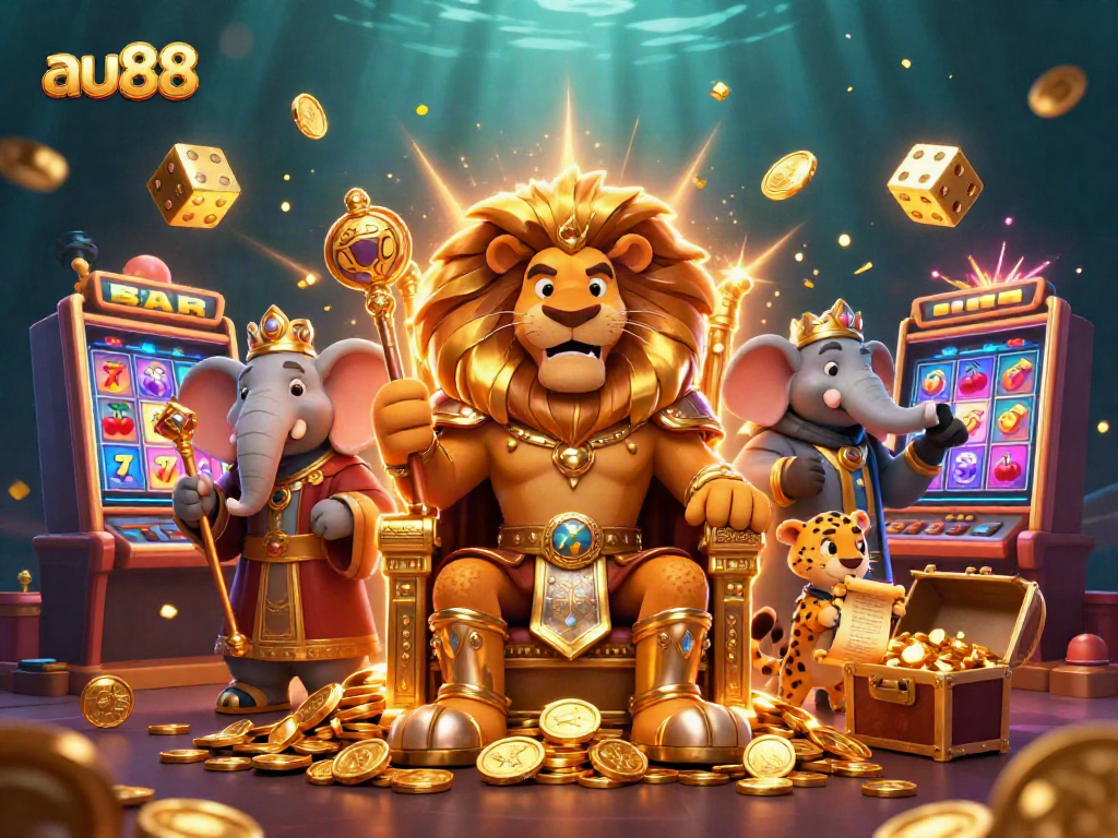 Experience thrilling gameplay with au88, featuring a lion king on a golden throne surrounded by slot machines.