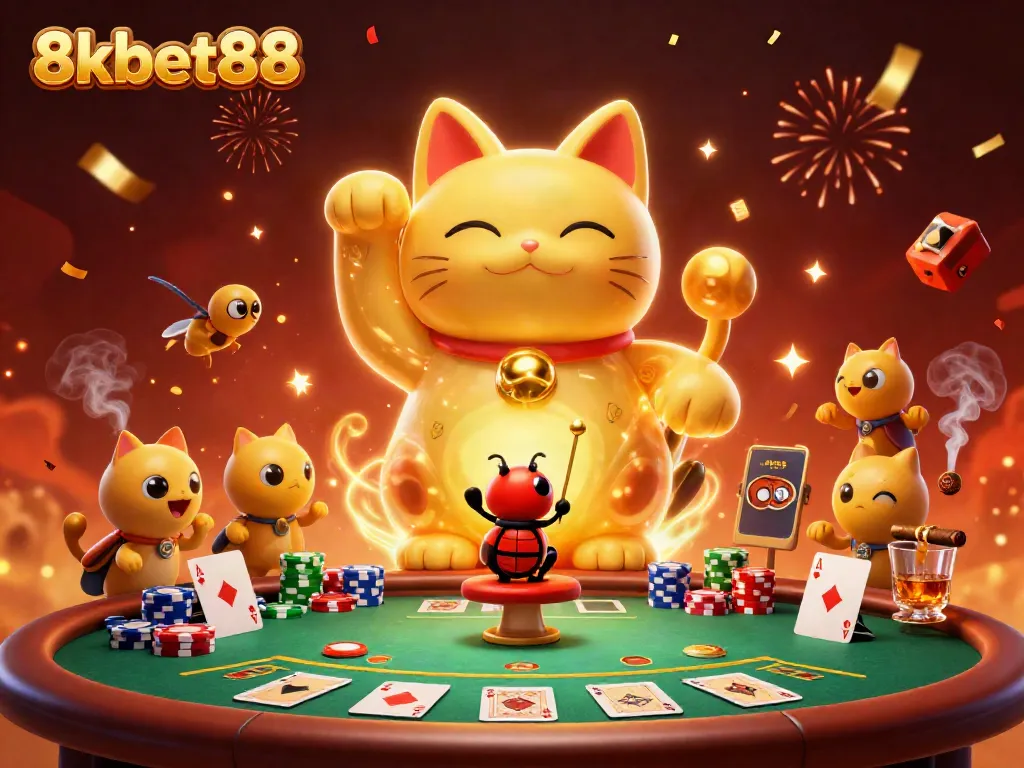 Experience the excitement of 8xbet88 with a giant lucky cat symbol and vibrant casino elements.