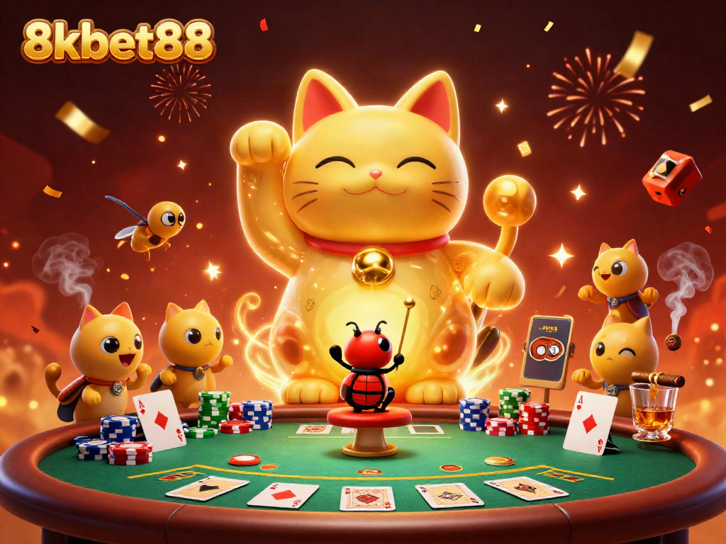 Experience the excitement of 8xbet88 with a giant lucky cat symbol and vibrant casino elements.