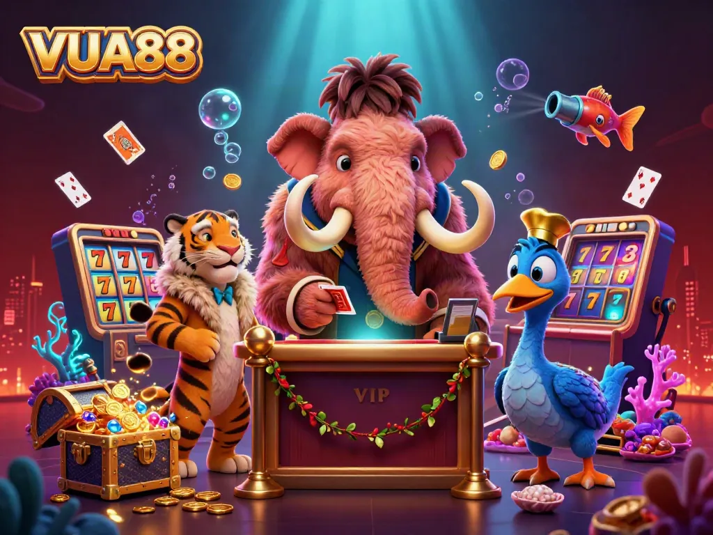 VUA88 casino bouncer checking IDs with vibrant gambling elements and a saber-tooth tiger VIP.