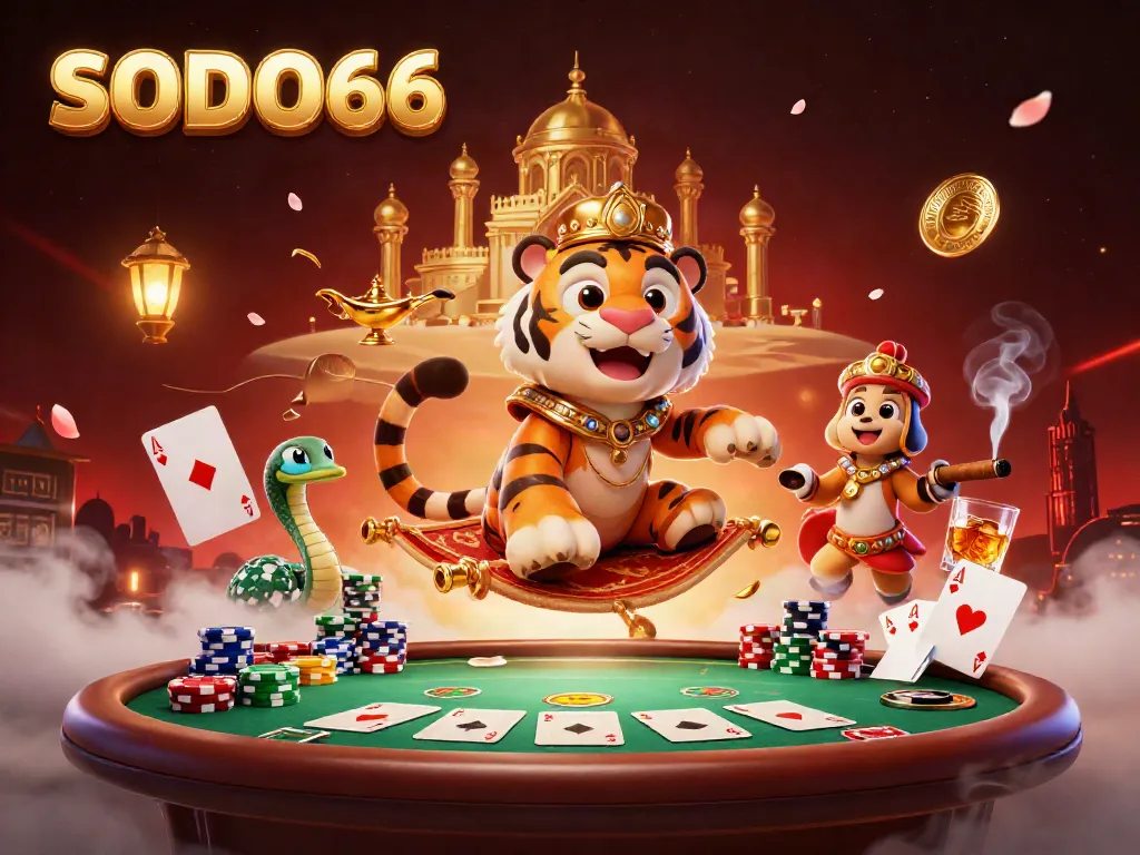 Experience SODO66 with a vibrant casino scene featuring a tiger sultan and poker elements.