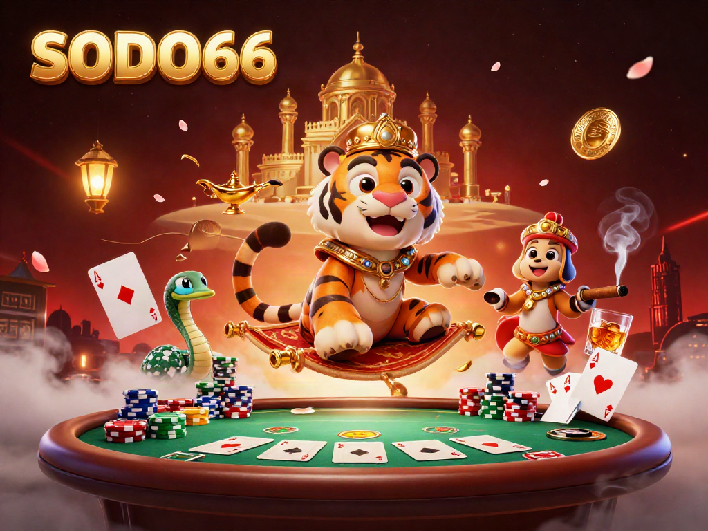 Experience SODO66 with a vibrant casino scene featuring a tiger sultan and poker elements.