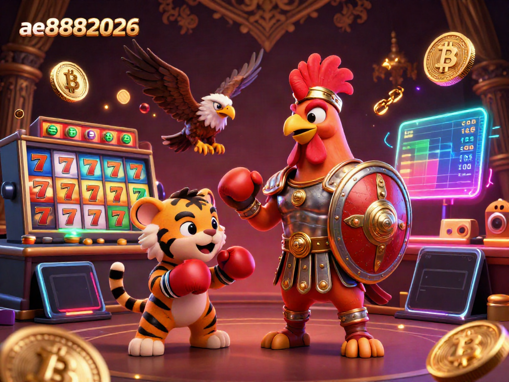 Experience excitement at ae8882026 with a dynamic live casino scene featuring a gladiator rooster, tiger cub, and eagle.
