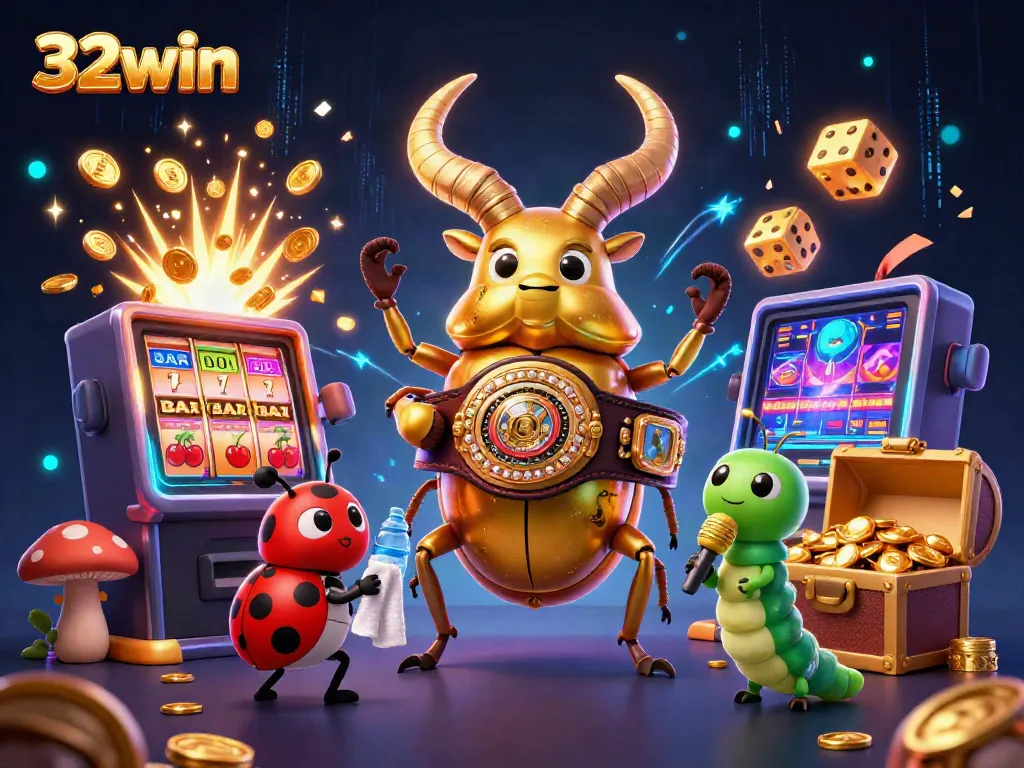 Engage in thrilling gameplay at 32win with a giant beetle champion and vibrant casino elements.