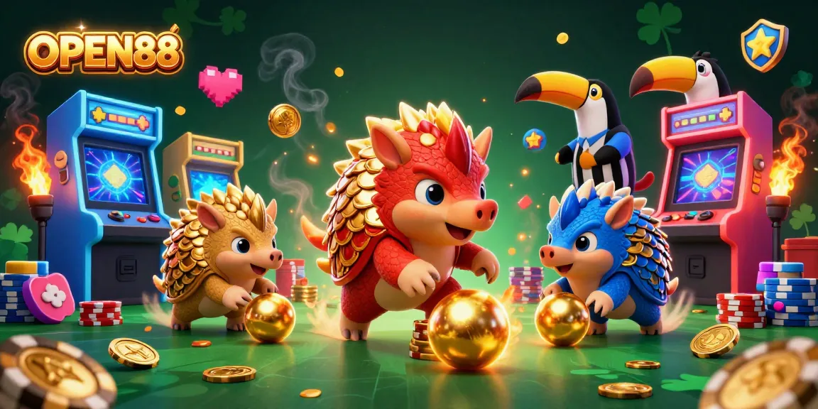 OPEN88 pangolins compete in a vibrant 3D casino scene filled with poker chips and game machines.