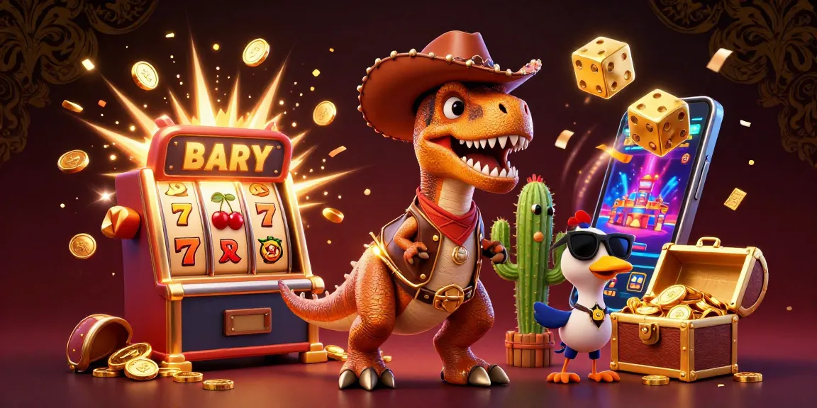 Experience thrilling wins with f8bet's vibrant 3D casino scene featuring a T-Rex and slot machine!