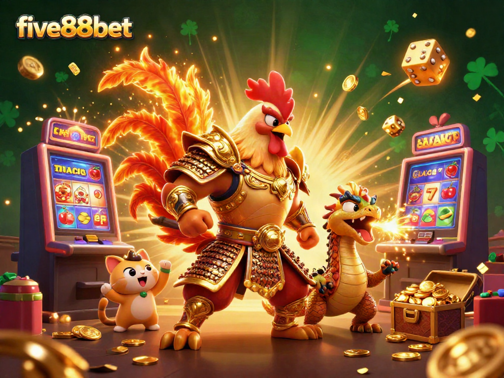 Experience the excitement of five88bet with a dazzling scene of an armored rooster warrior, dragon hatchling, and fortune cat amidst a jackpot explosion.