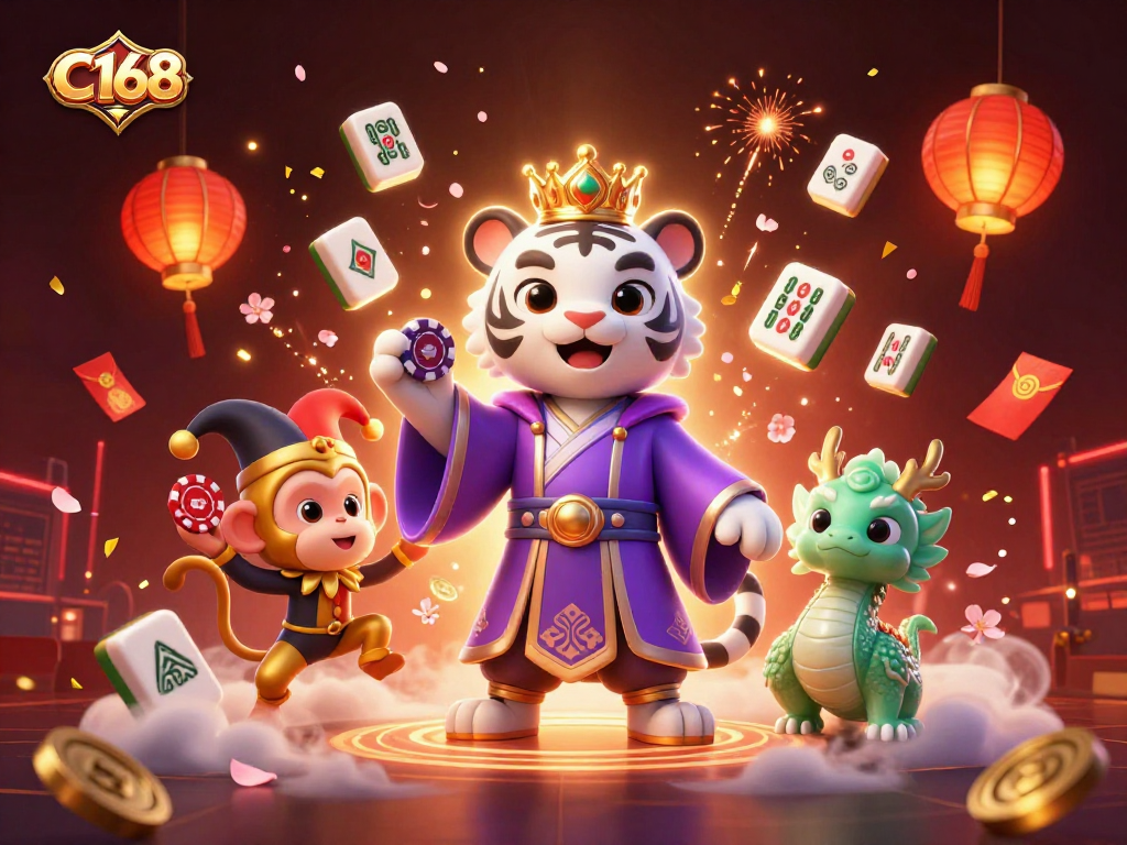 C168 showcases a spirited 3D illustration with a tiger, monkey juggling chips, and a jade dragon, captivating the excitement of gaming.