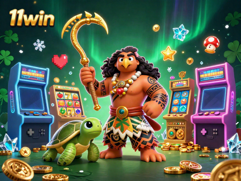Engaging 11win casino scene featuring colorful slot machines, a Maui-style demigod, and glowing tiki statues bursting with excitement.