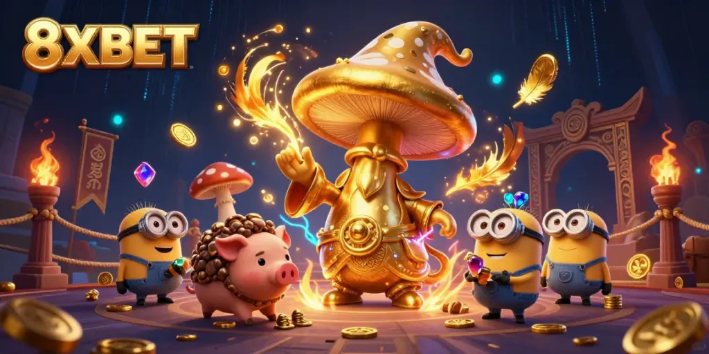 Experience gaming magic with 8XBET as golden characters and treasures come alive in this vibrant fantasy illustration.