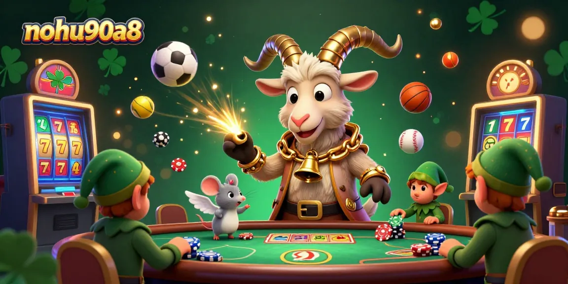 Experience thrilling slots at nohu90a8 with a lively casino scene featuring mischievous gremlins and a festive overseer.