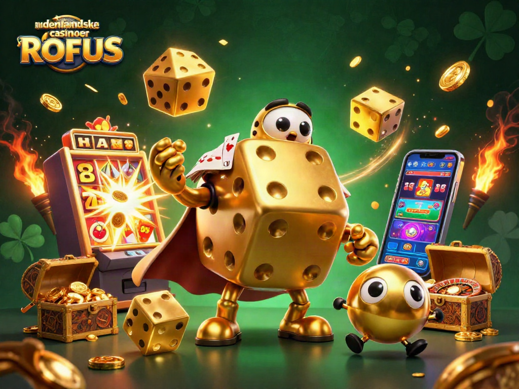Engage with udenlandske casinoer uden ROFUS through a vibrant 3D casino scene showcasing golden dice golems and dynamic game elements.