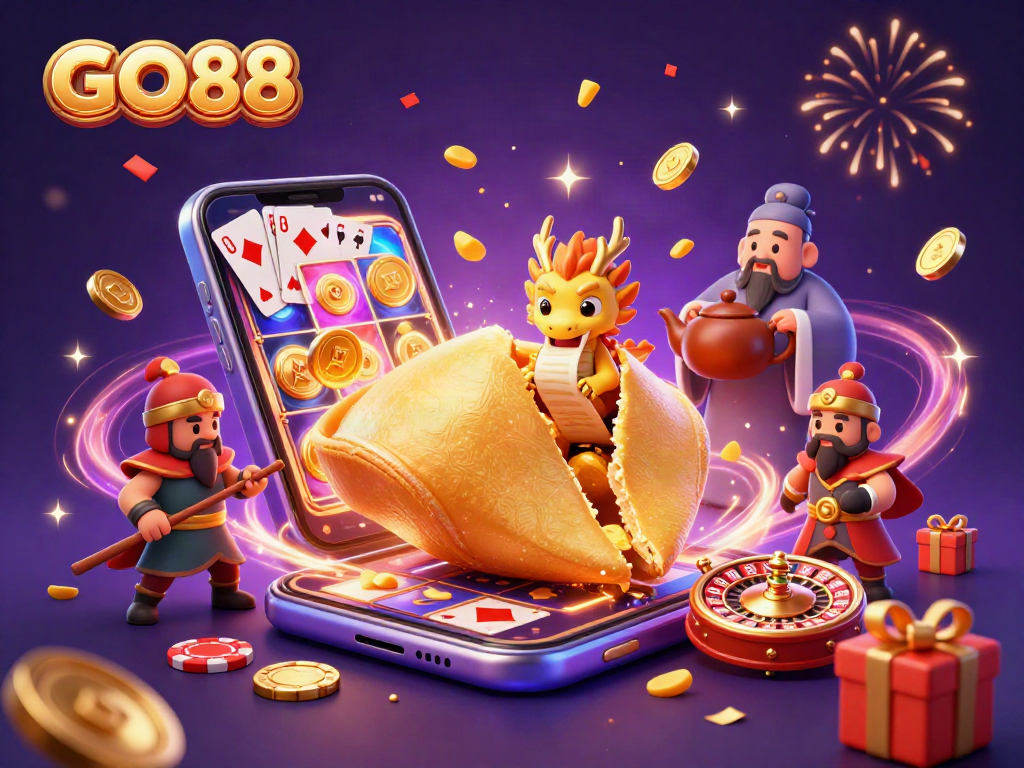 Engage with GO88's exciting games while discovering treasures in a vibrant 3D casino scene.