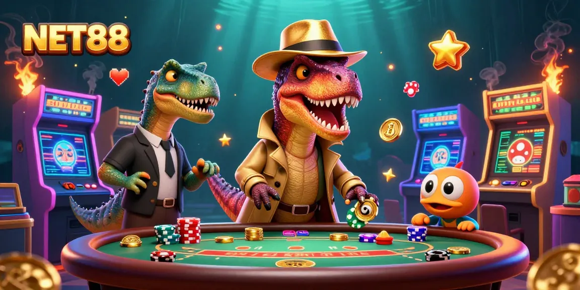 Experience the thrill of NET88 with vibrant gaming visuals featuring cartoon characters and casino elements.