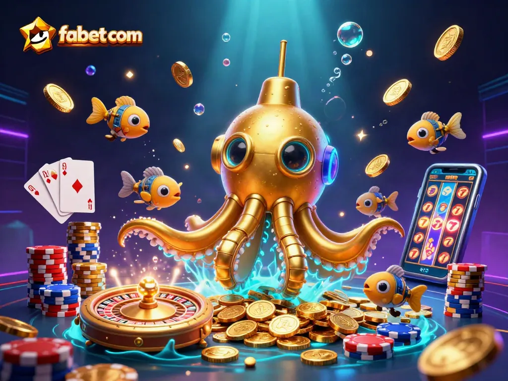 Engage with fabet com's thrilling 3D illustrated casino adventure featuring golden kraken and spinning roulette.